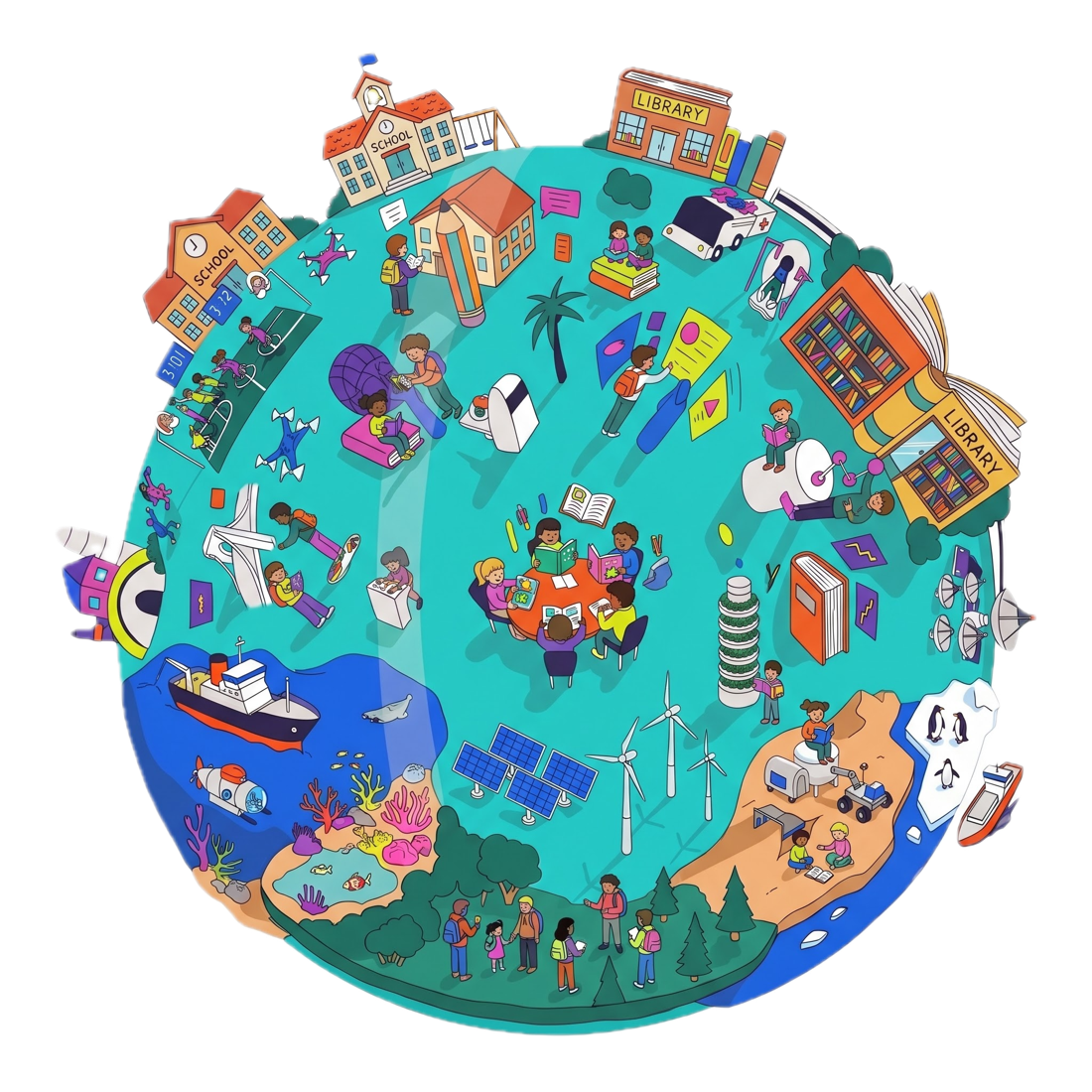 An illustrated globe full of kids reading, schools and libraries
